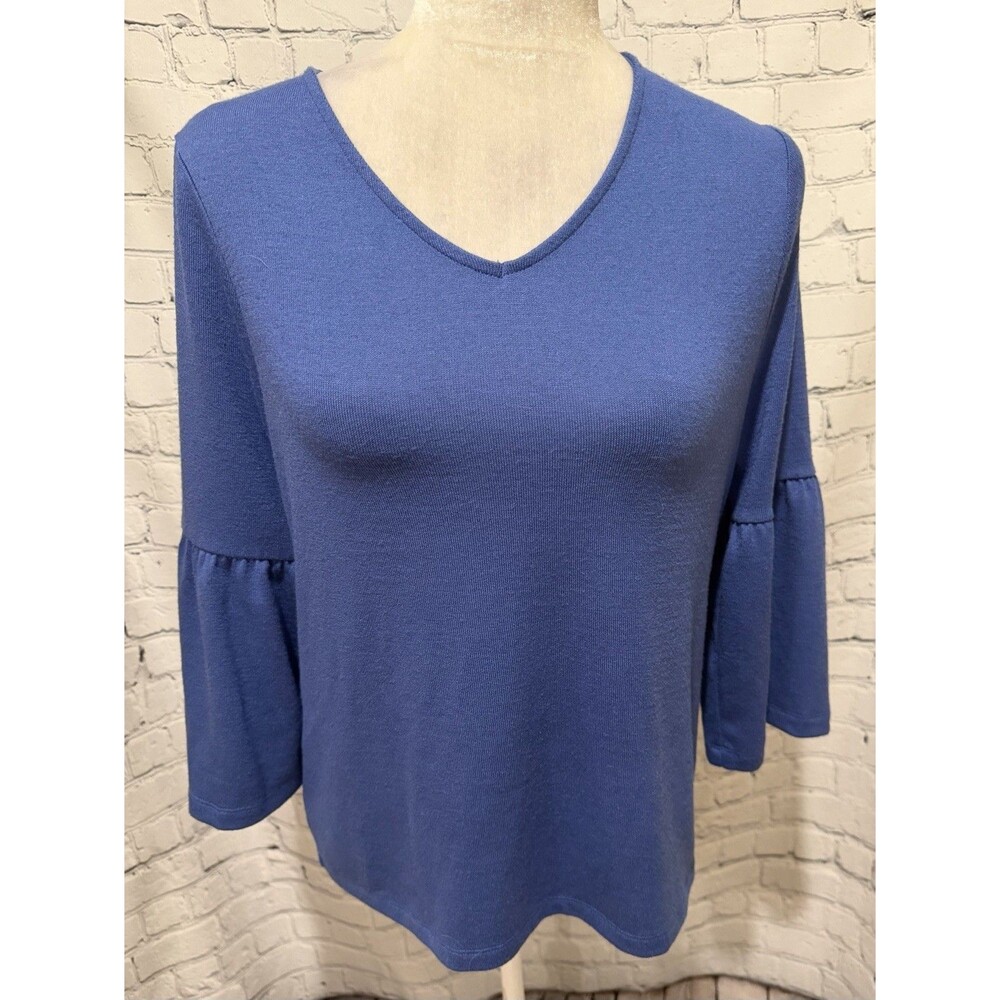 Chico's Knit Top Flounce Sleeve Blue Rayon Blend Womens Size 1/ Medium